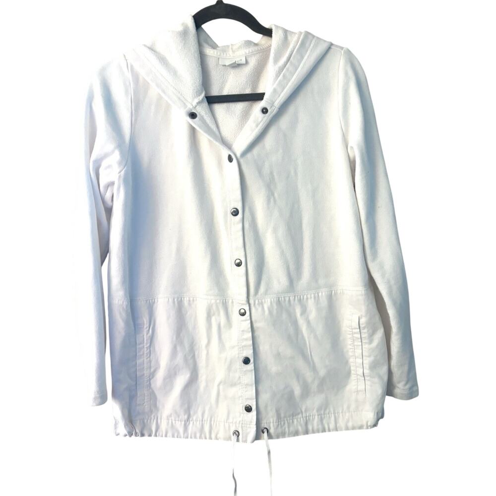 J Jill White Button Up Hooded Sweatshirt Sz Sm Cotton Beachy Coastal Resort